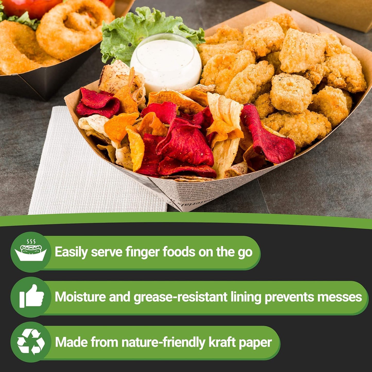 Restaurantware Bio Tek 2 Pound Food Boats 200 Disposable Paper Food Trays - Heavy-Duty Greaseproof Newsprint Paper Boats For Snacks Appetizers Or Treats Use At Parties Or Carnivals