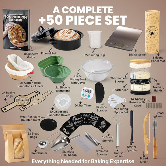 Super Deluxe All-Inclusive 𝗣𝗥𝗘𝗠𝗜𝗨𝗠 Sourdough Starter Kit with Pot. Sourdough Bread Baking Supplies, Scale, Oval & Round Baking Slings, 4 proofing Baskets, Bowl, Timer, Beginner Guide & Recipes