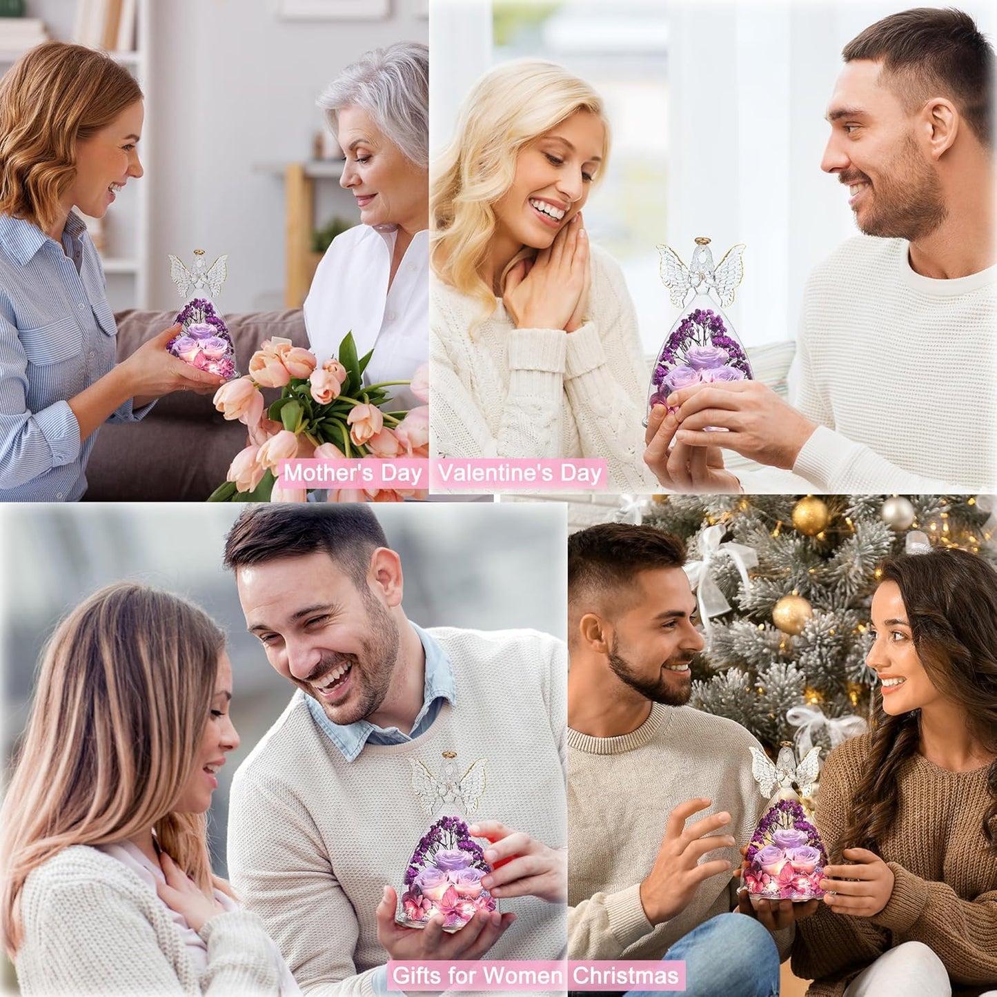 Christmas Rose Gifts for Women Preserved Real Flower in Glass Angel Figurines Roses for Delivery Prime Birthday Gifts for Mom Grandma Girlfriend Wife Her, Pinkpurpurple