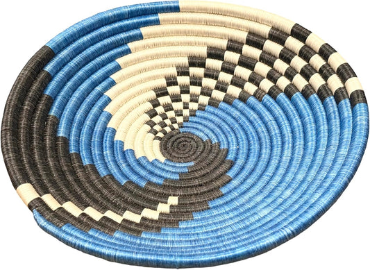 Handwoven African Basket Handmade sisal Fruit Bowl Wall Hanging decorative Baskets for Home Living Room Kitchen Centerpiece Zen Designs Arts and Crafts (Swirl Blue Black, 10in diameter)