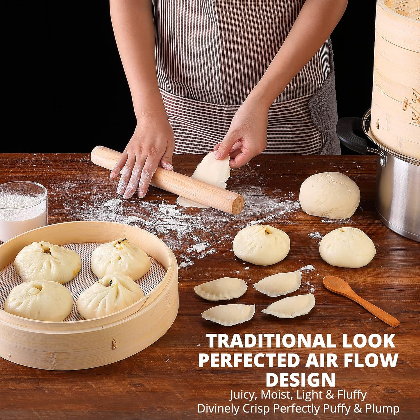 Bamboo Steamer Basket for Chinese Asian Cuisine - 2 Tier 10-Inch Steaming Basket Bun Vegetable Bao Buns, Sauce Dish, Chopsticks, Reusable Liners