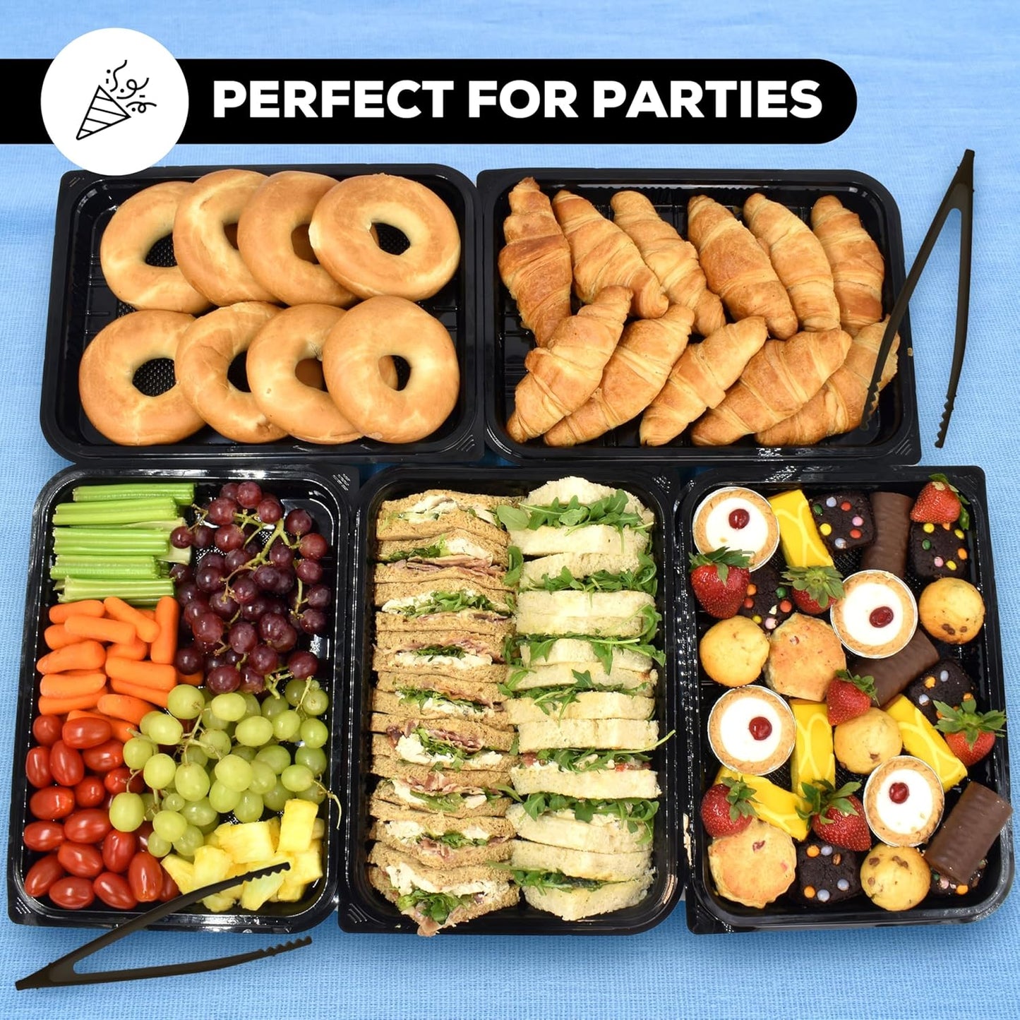 25 Pack Catering Trays with Lids â 17" Serving Tray with Lid, Heavy Duty Recyclable Plastic Party Platters for Catering, Buffet, Picnics & Events â Food Tray with Clear Lid (17.72 x 12.20 x 2.95 inch)