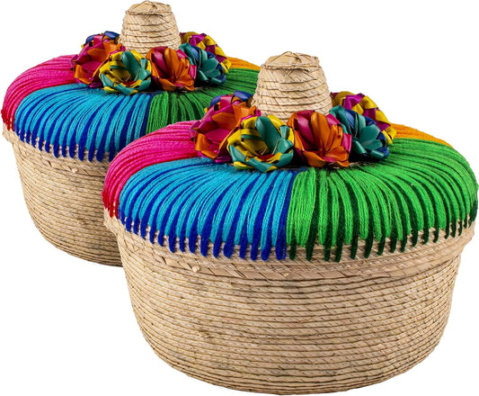 2-Pack Genuine Mexican Handwoven Tortilla Basket, Fiesta Mexican Tortilla Warmer, Tortilla Holder, Tortillero, Palm Straw Baskets Handmade in Mexico, Mexican Bowls (2, Arcoiris)