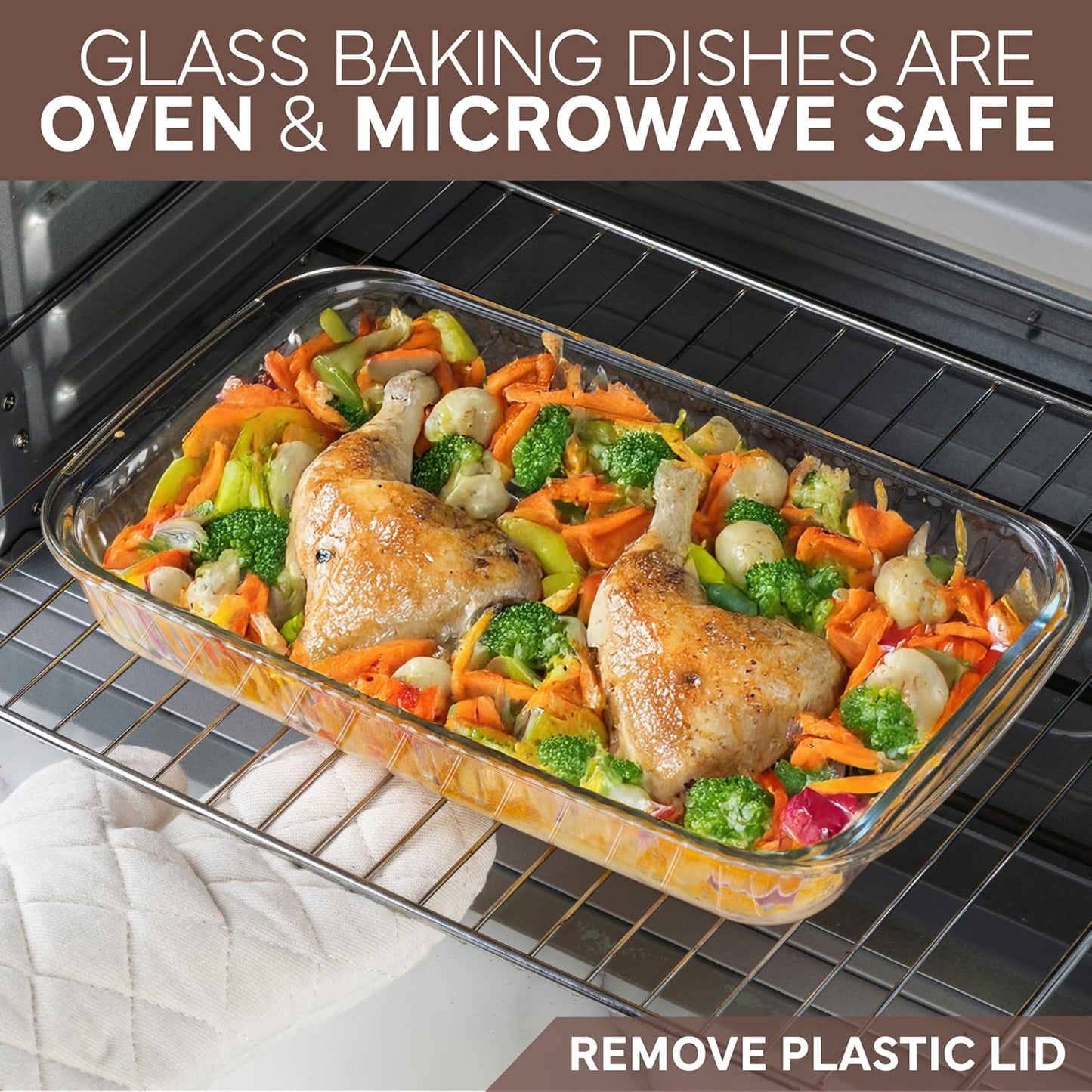 COOK WITH COLOR 8-Piece Deep Glass Baking Dish Set with Plastic Lids – Casserole and Food Storage Containers for Lasagna, Leftovers – Freezer-to-Oven, Microwave & Dishwasher Safe, Brown