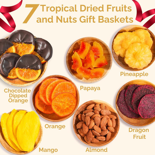 Christmas Gift Baskets - 7 Tropical Flavors Chocolate Orange Christmas Fruit Basket Gift |12.5oz Soft Dried Fruit gift Baskets for Delivery | Holiday Gift Baskets for Christmas Food Gifts for Adults