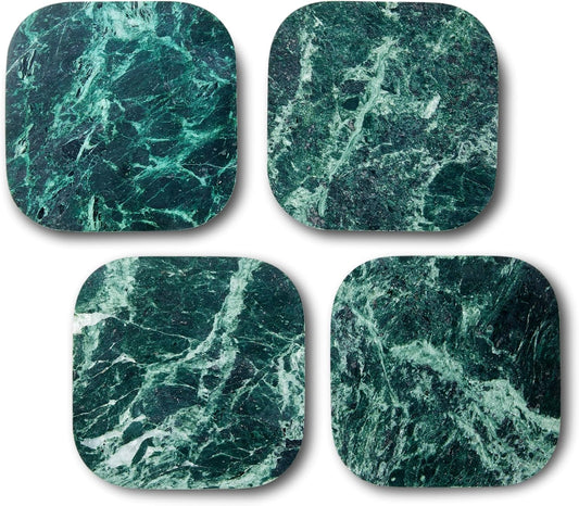 ๐๐ญ๐๐ฅ๐ข๐๐ง Green Marble Coasters โ Set of 4 โ Square Modern Bar Coasters for Drinks, Coffee โStone Holder for Home Dรฉcor, Housewarming Gifts (Dark Green)