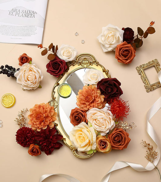 Artificial Flowers Combo Box for DIY Wedding Bouquet Arrangement, Silk Faux Flower for Bridal Table Centerpieces Party Cake Baby Shower(Orange & Burgundy)