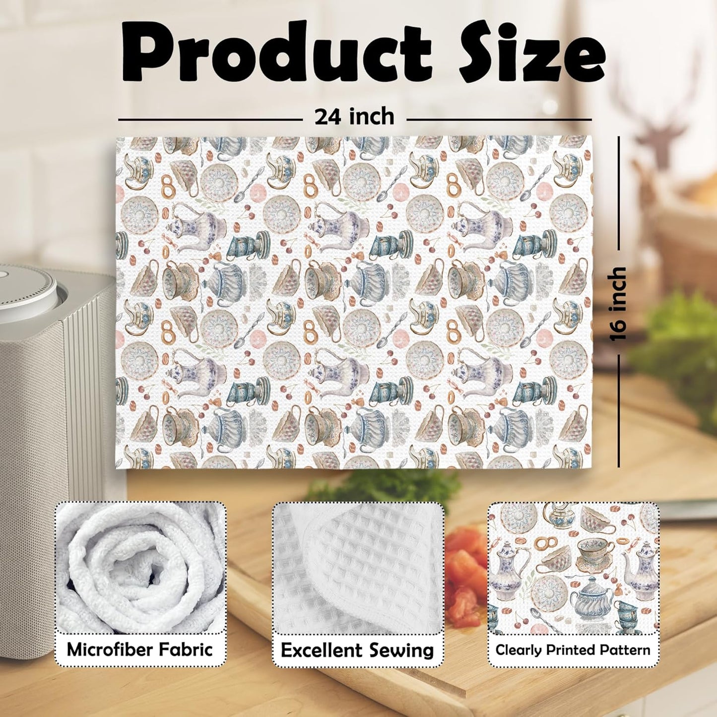 Vintage Teacups Kitchen Dish Towels, Retro French Garden Tea Lover Gifts for Women Men, Coffee Cups Teapots Kitchen Decor, Tea Time Hand Towels Kitchen Bathroom Tea Towels Decorations, 16x24inch