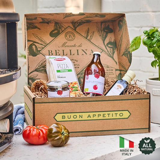 Bellina Organic Pizza Kit Gift Basket - Authentic Homemade Pizza Making Kit - Ideal for Beginners and Home Chefs, Italian Gift Basket Includes Organic Crust Mix, Sauce, Garlic EVOO & Sun-Dried Tomatoes