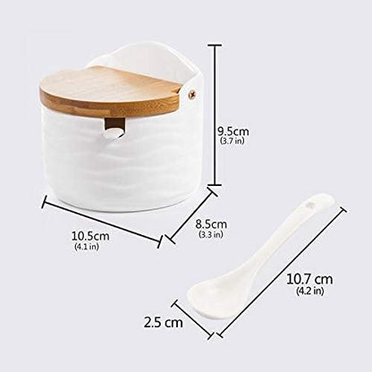 Ceramic Sugar Salt Bowl with Bamboo Lid and Spoon, LUCKY GODDNESS 9.1 fl oz Porcelain Container Jar for Pepper with Chalkboard Label, for Housewarming