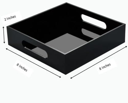 Black Sturdy Acrylic Tray with Handles-8x8 Inch- Countertop Organizer Tray for Kitchen,Bathroom,Office- Storage Box for Cosmetics, Jewelry,Toiletries,Toy,Gadgets