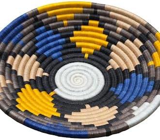 Handwoven African Basket Handmade sisal Fruit Bowl Wall Hanging decorative Baskets for Home Living Room Kitchen Centerpiece Zen Designs Arts and Crafts (Grey Mustard Tan, 8in diameter)