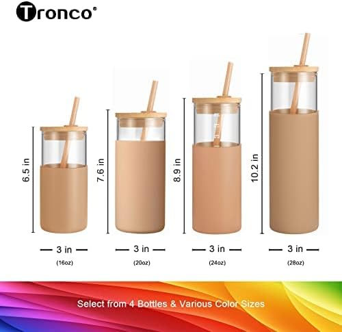 Tronco 20 oz Glass Tumbler with Lid and Straw, Iced Coffee Cup and Smoothie Cup with Bamboo Lids & Protective Silicone Sleeve, Dishwasher Safe, BPA-Free, Glass Cup 1 Pack