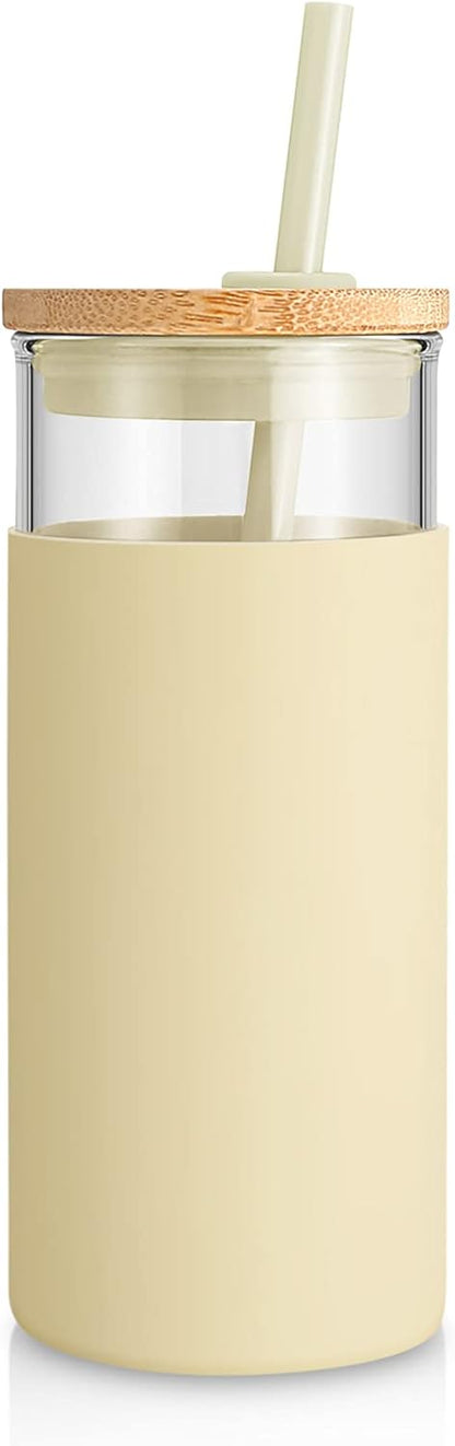 Tronco 20 oz Glass Tumbler with Lid and Straw, Iced Coffee Cup and Smoothie Cup with Bamboo Lids & Protective Silicone Sleeve, Dishwasher Safe, BPA-Free, Glass Cup 1 Pack