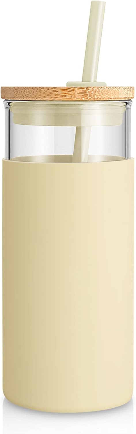 Tronco 20 oz Glass Tumbler with Lid and Straw, Iced Coffee Cup and Smoothie Cup with Bamboo Lids & Protective Silicone Sleeve, Dishwasher Safe, BPA-Free, Glass Cup 1 Pack
