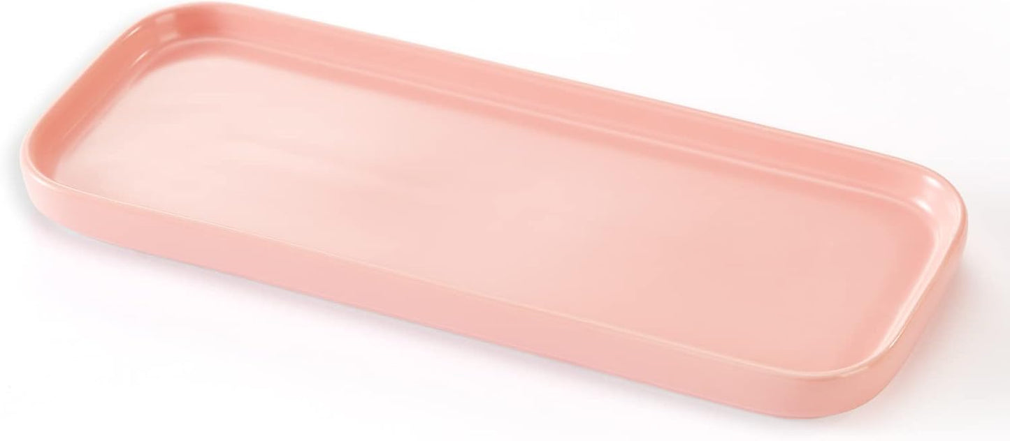 Ceramic Bathroom Tray,Kitchen Sink Organizer Tray,Cosmetics Holder (Pink)