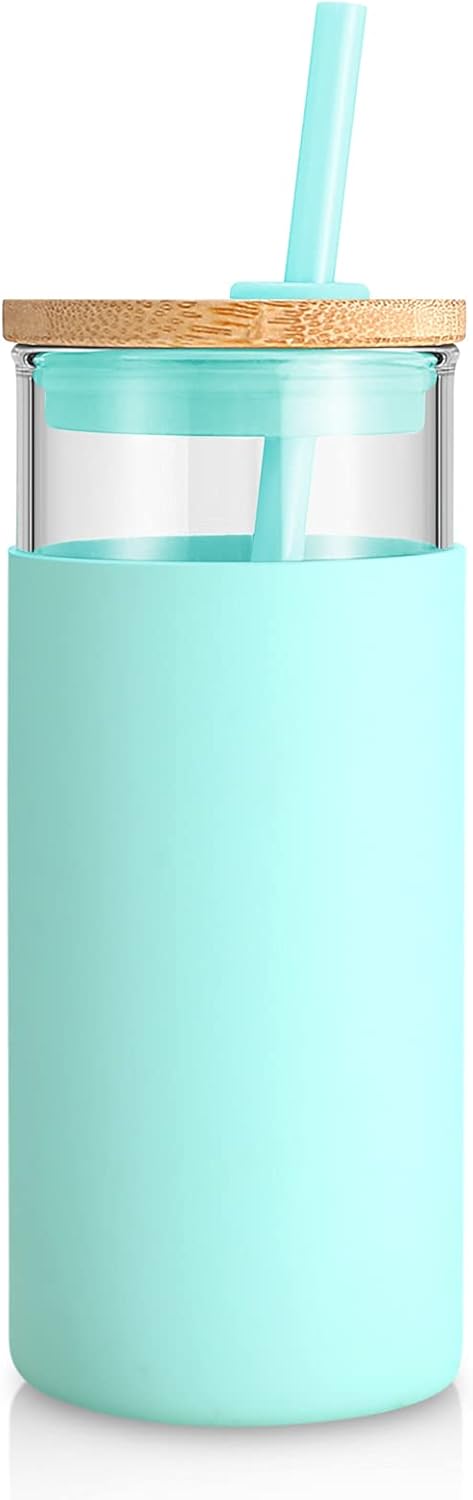 Tronco 20 oz Glass Tumbler with Lid and Straw, Iced Coffee Cup and Smoothie Cup with Bamboo Lids & Protective Silicone Sleeve, Dishwasher Safe, BPA-Free, Glass Cup 1 Pack