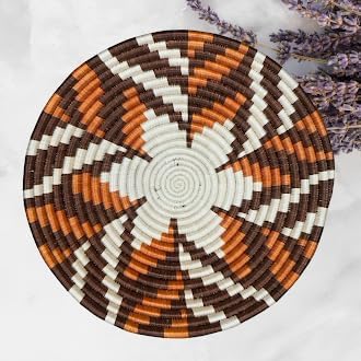 Handwoven African Basket Handmade sisal Fruit Bowl Wall Hanging decorative Baskets for Home Living Room Kitchen Centerpiece Zen Designs Arts and Crafts (Dark Brown Orange White, 10in diameter)
