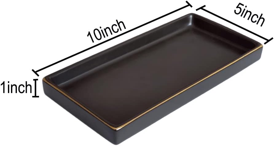 10 x 5 Ceramic Bathroom Tray for Countertop, Decorative Vanity Tray for Dresser Tops, Small Rectangular Trays for Perfume, Candle, Jewelry, Cosmetics (Black)