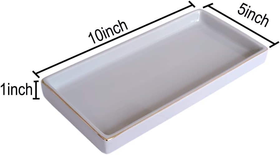 10 x 5 Ceramic Bathroom Tray for Countertop, Decorative Vanity Tray for Dresser Tops, Small Rectangular Trays for Perfume, Candle, Jewelry, Cosmetics (Gray)