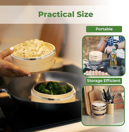 6 inch Dumpling Bamboo Steamer 2 Tier (Steel Reinforced) W/ 100PCS Liners - 2 Bamboo Steamer Basket & Lid, Dumpling Steamers For Food Cooking Steaming Bao Bun, Dim Sum Chinese Asian & Vegetables