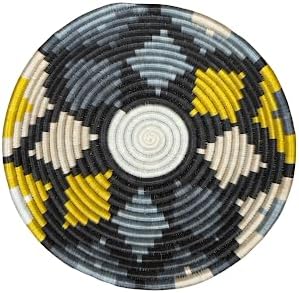 Handwoven African Basket Handmade sisal Fruit Bowl Wall Hanging decorative Baskets for Home Living Room Kitchen Centerpiece Zen Designs Arts and Crafts (Slate Grey Black Yellow, 8in diameter)