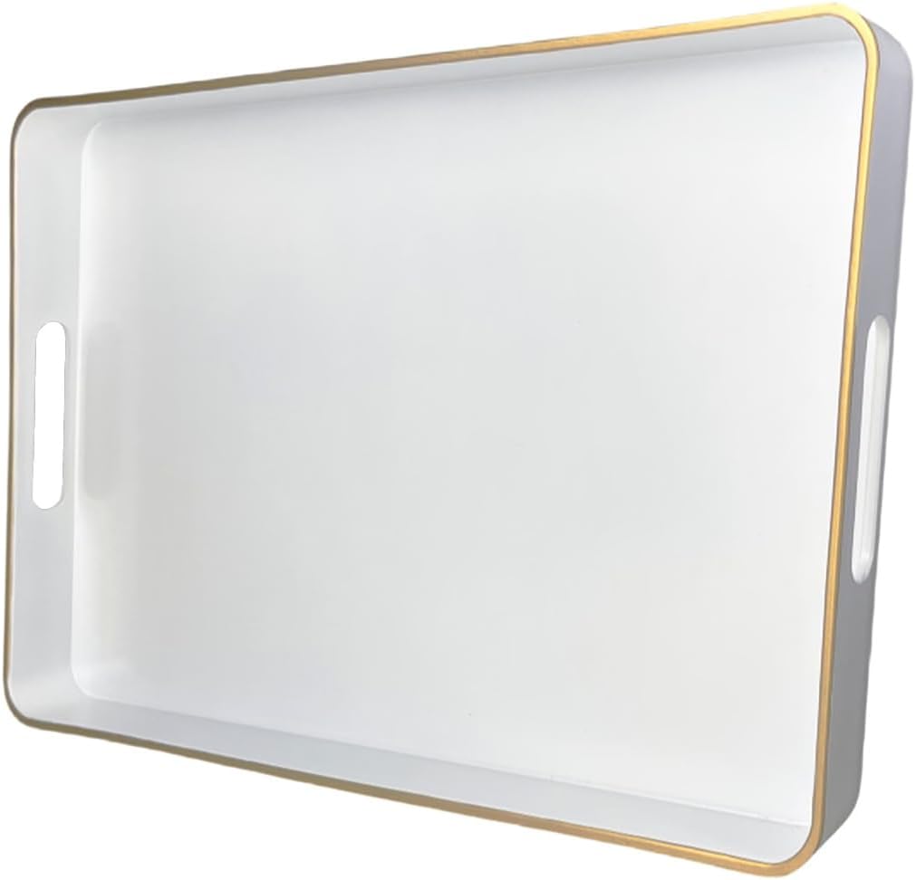 White Decorative Tray, Rectangular Serving Trays with Handles,Ottoman, Coffee Table Tray for Living Room, Bathroom, Home Decor 15.7” x 10.2”