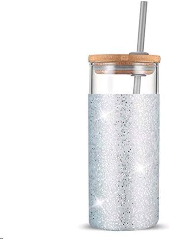 Tronco 20 oz Glass Tumbler with Lid and Straw, Iced Coffee Cup and Smoothie Cup with Bamboo Lids & Protective Silicone Sleeve, Dishwasher Safe, BPA-Free, Glass Cup 1 Pack