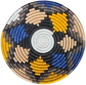 Handwoven African Basket Handmade sisal Fruit Bowl Wall Hanging decorative Baskets for Home Living Room Kitchen Centerpiece Zen Designs Arts and Crafts (Grey Mustard Tan, 8in diameter)