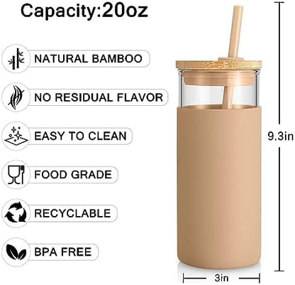 Tronco 20 oz Glass Tumbler with Lid and Straw, Iced Coffee Cup and Smoothie Cup with Bamboo Lids & Protective Silicone Sleeve, Dishwasher Safe, BPA-Free, Glass Cup 1 Pack