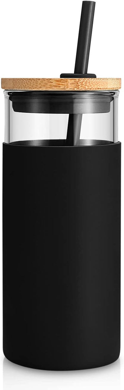 Tronco 20 oz Glass Tumbler with Lid and Straw, Iced Coffee Cup and Smoothie Cup with Bamboo Lids & Protective Silicone Sleeve, Dishwasher Safe, BPA-Free, Glass Cup 1 Pack