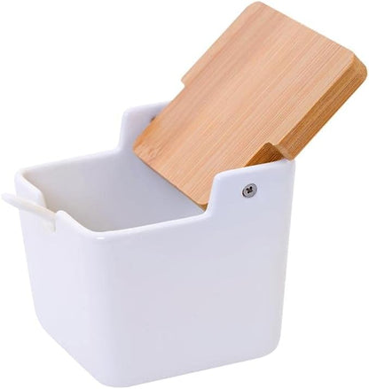 Lucky Goddness Ceramic Sugar Bowl with Bamboo Lid and Spoon,Porcelain Sugar Container for Home Kitchen,Salt Condiment for Sugar Tea Coffee Spice,White,9 Fl oz 270ML