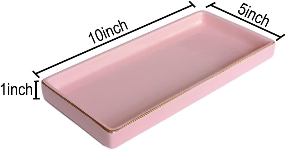 10 x 5 Ceramic Bathroom Tray for Countertop, Decorative Vanity Tray for Dresser Tops, Small Rectangular Trays for Perfume, Candle, Jewelry, Cosmetics (Pink)
