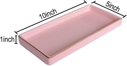 10 x 5 Ceramic Bathroom Tray for Countertop, Decorative Vanity Tray for Dresser Tops, Small Rectangular Trays for Perfume, Candle, Jewelry, Cosmetics (Pink)