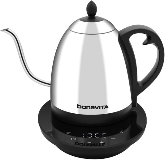 Bonavita Cosmopolitan 1.0L Gooseneck Electric Kettle, Stainless Steel Water Boiler for Coffee Brew and Tea Precise Pour Control, 6 Preset Temps, Glass Touch Panel, 1200W Fast Boil, Mirror Polished