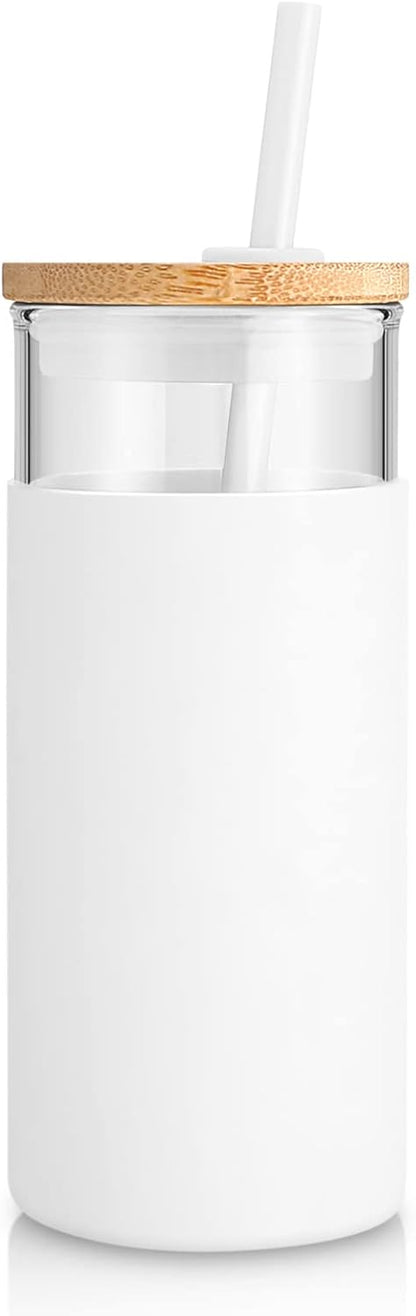 Tronco 20 oz Glass Tumbler with Lid and Straw, Iced Coffee Cup and Smoothie Cup with Bamboo Lids & Protective Silicone Sleeve, Dishwasher Safe, BPA-Free, Glass Cup 1 Pack