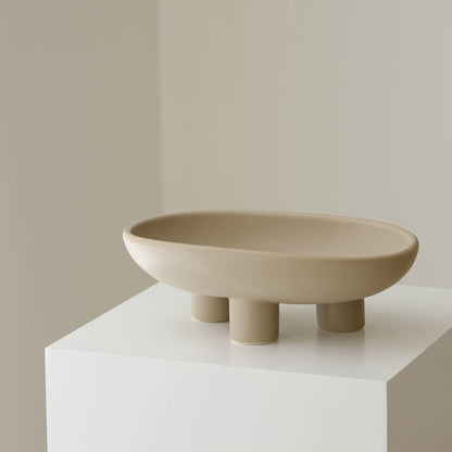 WENSHUO Three-Legs Ceramic Fruit Bowl for Kitchen Counter, Decorative Bowl for Table Décor, 10-inch Oval Large Bowls for Breads (Coconut Café)