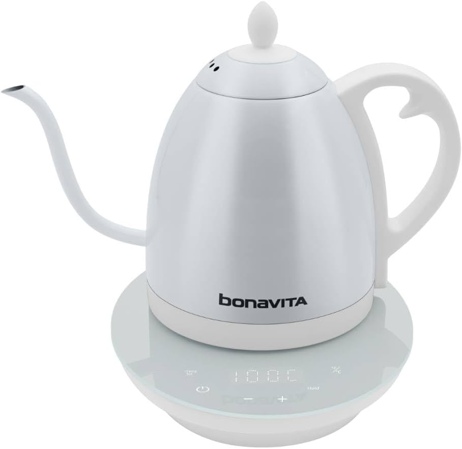 Bonavita Cosmopolitan 1.0L Gooseneck Electric Kettle, Stainless Steel Water Boiler for Coffee Brew and Tea Precise Pour Control, 6 Preset Temps, Glass Touch Panel, 1200W Fast Boil, White