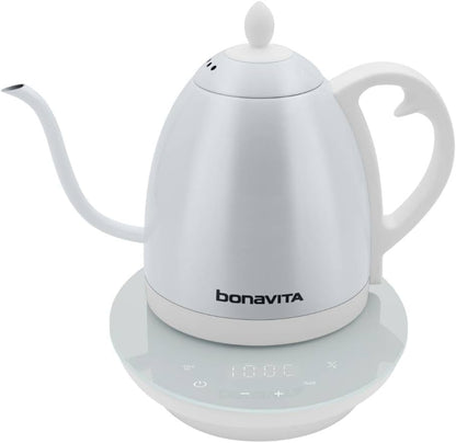 Bonavita Cosmopolitan 1.0L Gooseneck Electric Kettle, Stainless Steel Water Boiler for Coffee Brew and Tea Precise Pour Control, 6 Preset Temps, Glass Touch Panel, 1200W Fast Boil, White