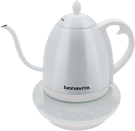 Bonavita Cosmopolitan 1.0L Gooseneck Electric Kettle, Stainless Steel Water Boiler for Coffee Brew and Tea Precise Pour Control, 6 Preset Temps, Glass Touch Panel, 1200W Fast Boil, White