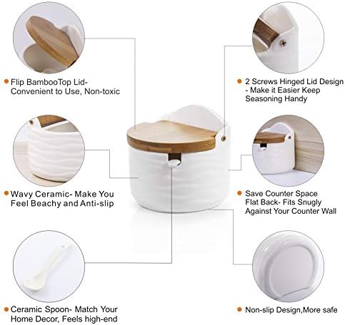 Ceramic Sugar Salt Bowl with Bamboo Lid and Spoon, LUCKY GODDNESS 9.1 fl oz Porcelain Container Jar for Pepper with Chalkboard Label, for Housewarming