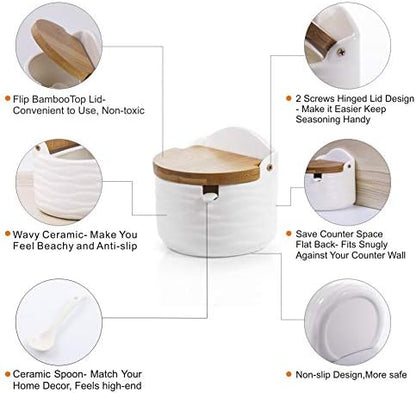 Ceramic Sugar Salt Bowl with Bamboo Lid and Spoon, LUCKY GODDNESS 9.1 fl oz Porcelain Container Jar for Pepper with Chalkboard Label, for Housewarming