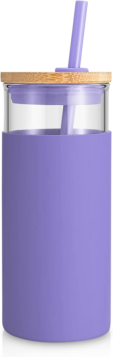 Tronco 20 oz Glass Tumbler with Lid and Straw, Iced Coffee Cup and Smoothie Cup with Bamboo Lids & Protective Silicone Sleeve, Dishwasher Safe, BPA-Free, Glass Cup 1 Pack