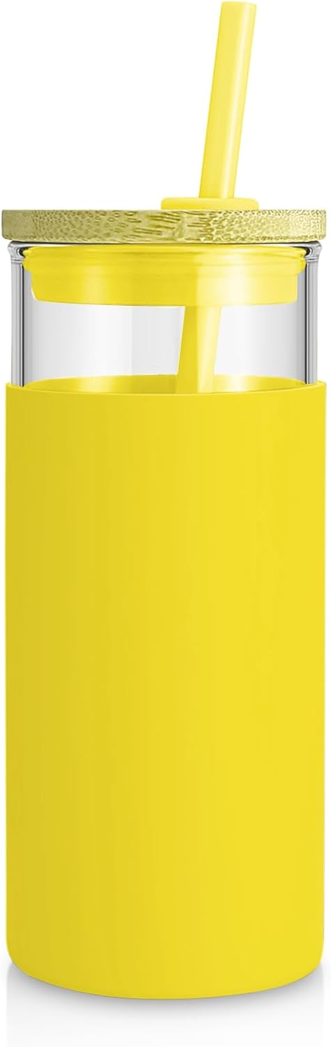 Tronco 20 oz Glass Tumbler with Lid and Straw, Iced Coffee Cup and Smoothie Cup with Bamboo Lids & Protective Silicone Sleeve, Dishwasher Safe, BPA-Free, Glass Cup 1 Pack