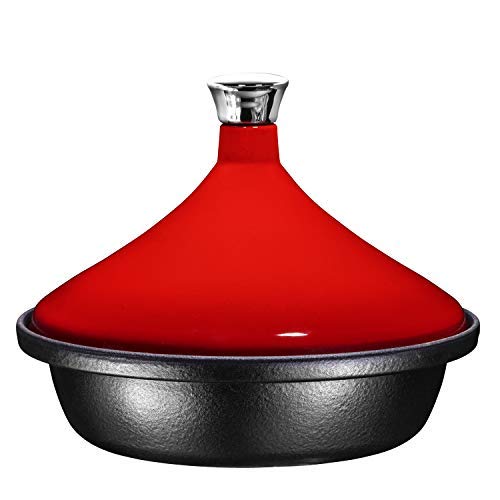 Bruntmor Moroccan Tagine, Cast Iron, Red, 3.5-Quart, Round, With Lid