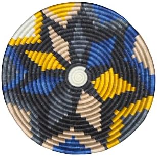 Handwoven African Basket Handmade sisal Fruit Bowl Wall Hanging decorative Baskets for Home Living Room Kitchen Centerpiece Zen Designs Arts and Crafts (Yellow Charcoal Grey Blue, 8in diameter)