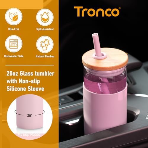 Tronco 20 oz Glass Tumbler with Lid and Straw, Iced Coffee Cup and Smoothie Cup with Bamboo Lids & Protective Silicone Sleeve, Dishwasher Safe, BPA-Free, Glass Cup 1 Pack