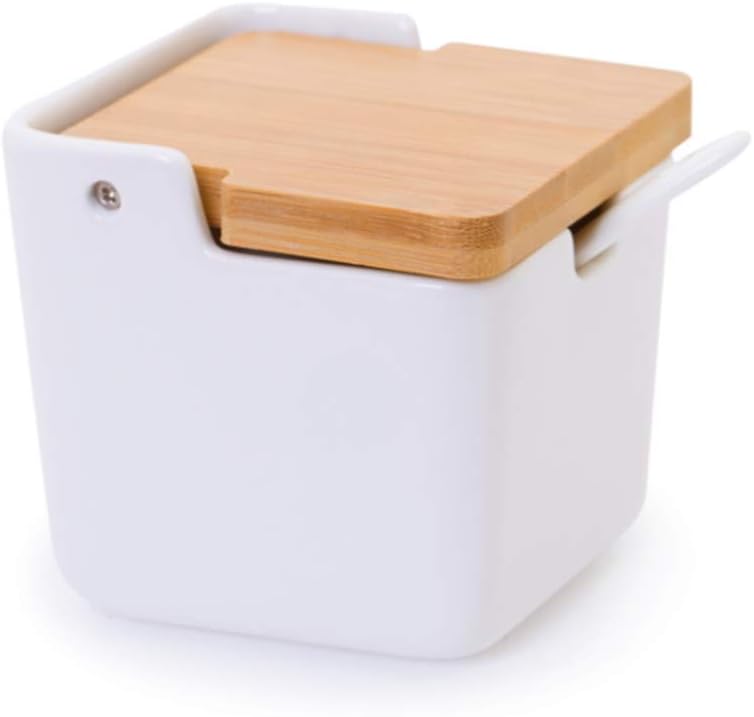 Lucky Goddness Ceramic Sugar Bowl with Bamboo Lid and Spoon,Porcelain Sugar Container for Home Kitchen,Salt Condiment for Sugar Tea Coffee Spice,White,9 Fl oz 270ML