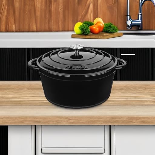 Velaze 7.5 QT Dutch Oven Pot with Lid, Enameled Cast Iron Dutch Oven with Dual Handles for Sourdough Bread Baking, Cooking, Non-stick Enamel Coated Cookware (Black)
