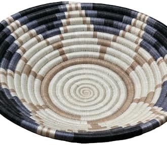 Handwoven African Basket Handmade sisal Fruit Bowl Wall Hanging decorative Baskets for Home Living Room Kitchen Centerpiece Zen Designs Arts and Crafts (Black Beige Floral, 8in diameter)